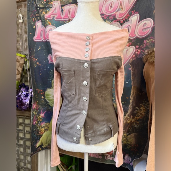 Tops - Y2K Off-Shoulder Two-Tone Corset Top in Pink and Taupe